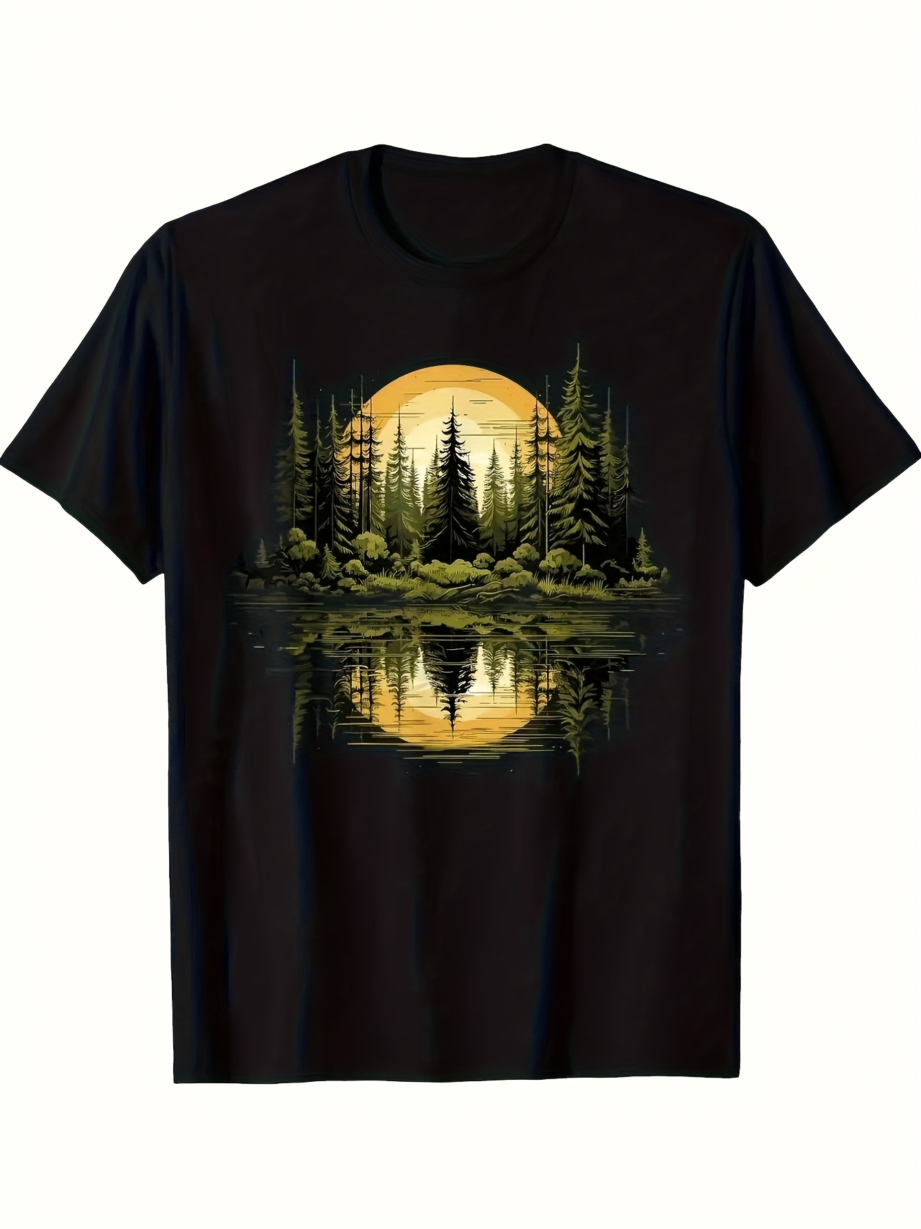 Men's Graphic T-Shirt Golden Sunset Reflections Over Tranquil Pines And Calm Lake Landscape