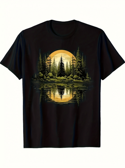 Men's Graphic T-Shirt Golden Sunset Reflections Over Tranquil Pines And Calm Lake Landscape