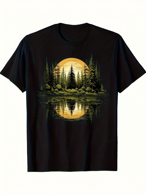 Men's Graphic T-Shirt Golden Sunset Reflections Over Tranquil Pines And Calm Lake Landscape