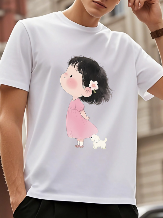 Men's Graphic T-Shirt Little Girl In Pink Dress With Puppy And Flower