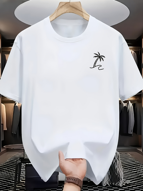 Men's Graphic T-Shirt Minimalist Black Palm Tree With Wavy Beach Sunlit White Shoreline