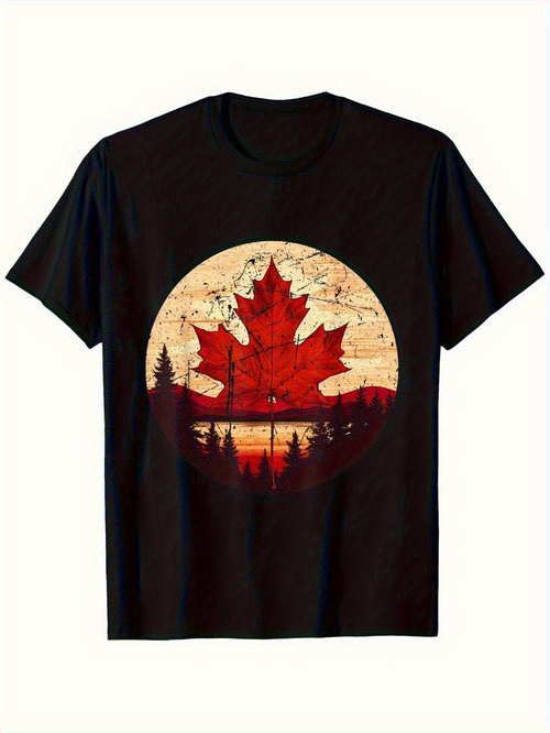 Men's Graphic T-Shirt Vintage Sunset Forest Landscape With Maple Leaf Silhouette
