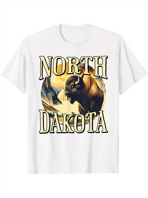 Men's Graphic T-Shirt North Dakota Wide Plains With Grazing Bison Under Blue Skies