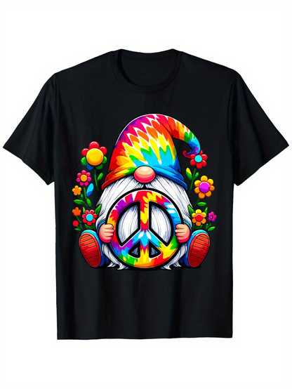 Men's Graphic T-Shirt Colorful Psychedelic Flowers And Peaceful Garden Gnome With Rainbow Peace Sign