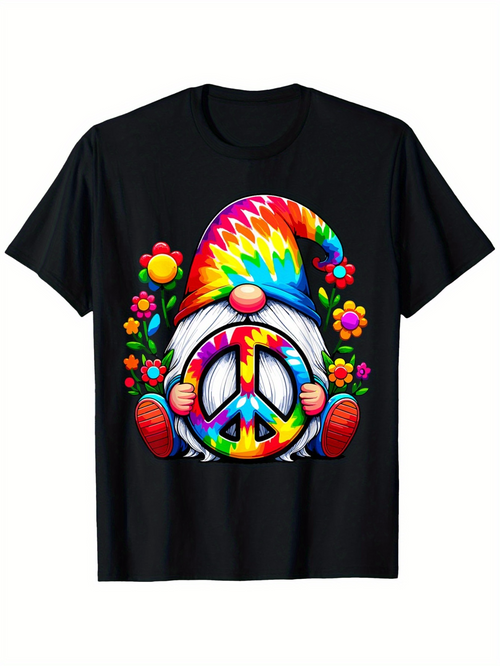 Men's Graphic T-Shirt Colorful Psychedelic Flowers And Peaceful Garden Gnome With Rainbow Peace Sign