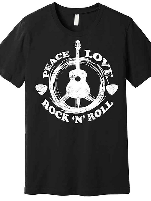 Men's Graphic T-Shirt Peace Love With Acoustic Guitar Surrounded By Grungy Circular Rock And Roll