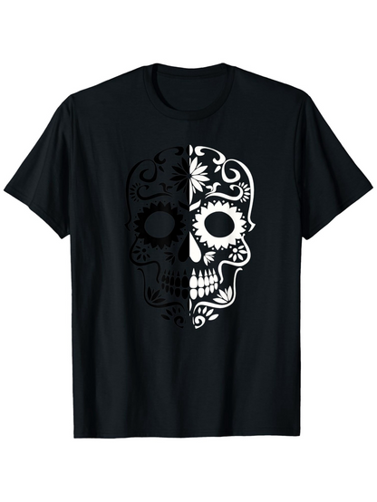 Men's Graphic T-Shirt Ornamental Floral Pattern Split Half Day Of The Dead Skull