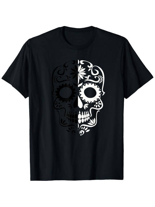 Men's Graphic T-Shirt Ornamental Floral Pattern Split Half Day Of The Dead Skull