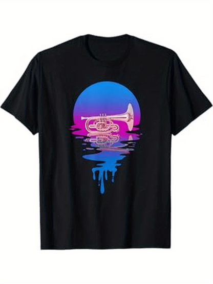 Men's Graphic T-Shirt Retro Blue Pink Sunset Reflected Water With Brass Trumpet