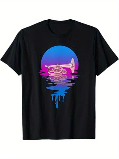 Men's Graphic T-Shirt Retro Blue Pink Sunset Reflected Water With Brass Trumpet