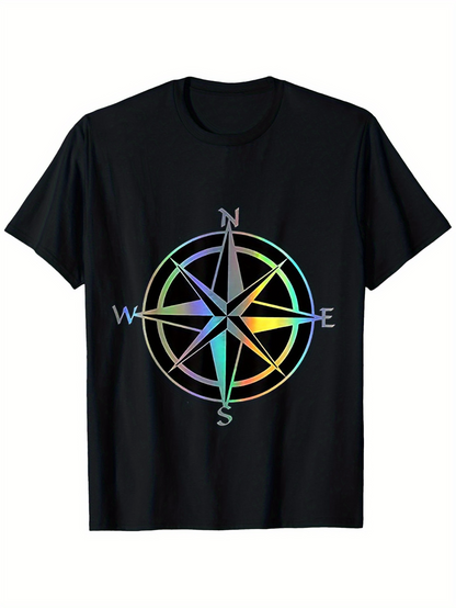 Men's Graphic T-Shirt Colorful Compass Rose With Iridescent Glow Directional Letters On Compass