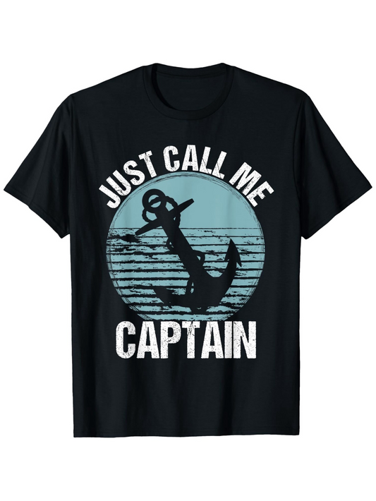 Men's Graphic T-Shirt Just Call Me Captain With Blue Waves Behind Vintage Ship Anchor