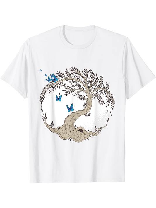 Men's Graphic T-Shirt Whimsical Blue Butterflies Dancing Around A Twisted Ancient Tree