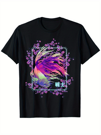 Men's Graphic T-Shirt Vibrant Sakura Blossoms Flowing Nowhere Under Neon Light Betta Fish