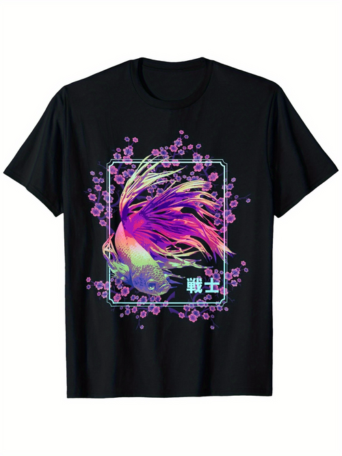 Men's Graphic T-Shirt Vibrant Sakura Blossoms Flowing Nowhere Under Neon Light Betta Fish