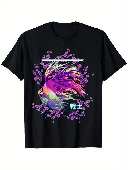 Men's Graphic T-Shirt Vibrant Sakura Blossoms Flowing Nowhere Under Neon Light Betta Fish