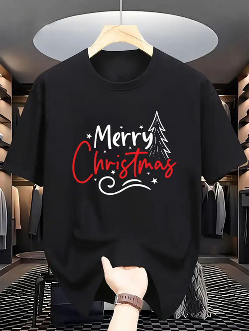 Men's Graphic T-Shirt Merry Christmas Script With Doodle Tree And Whimsical Festive Swirl