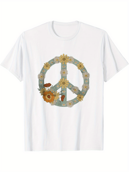 Men's Graphic T-Shirt Retro Sunflower With Petals Around Peace Symbol