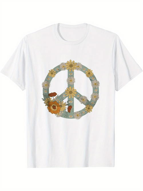 Men's Graphic T-Shirt Retro Sunflower With Petals Around Peace Symbol