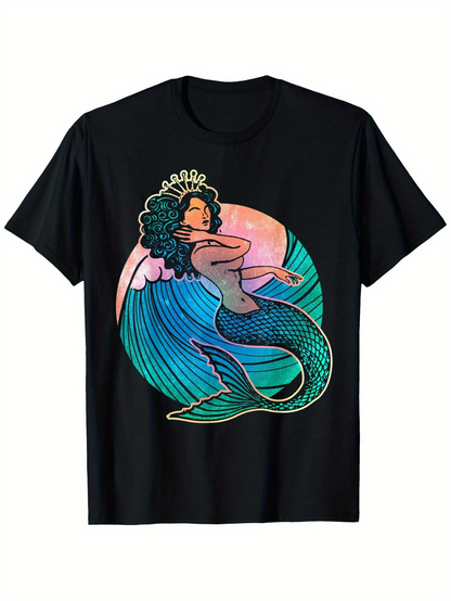 Men's Graphic T-Shirt Colorful Waves Under Soft Sunset With Majestic Crowned Mermaid