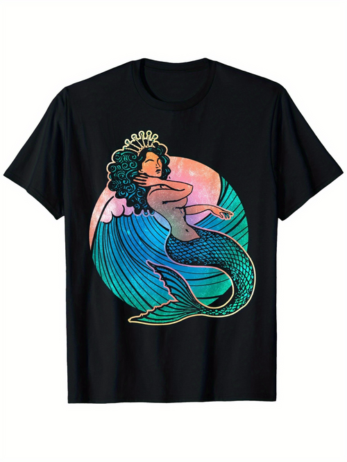 Men's Graphic T-Shirt Colorful Waves Under Soft Sunset With Majestic Crowned Mermaid