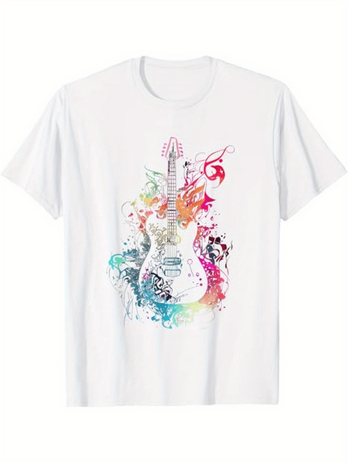 Men's Graphic T-Shirt Colorful Swirling Notes Surrounding Splash Art Guitar