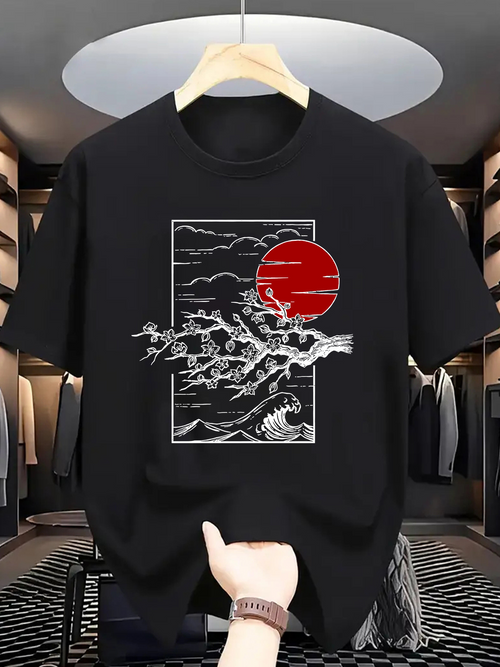 Men's Graphic T-Shirt Flying Cranes Over Rolling Mountain Under A Vibrant Red Sun