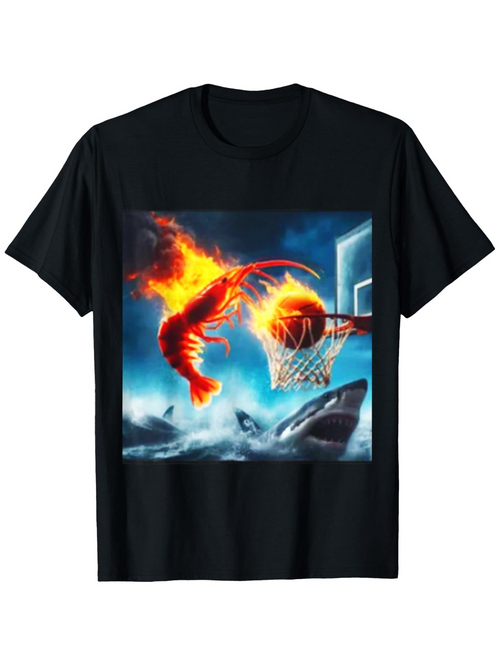 Men's Graphic T-Shirt Fiery Sky With Sharks Chasing Leaping Flaming Lobster Basketball