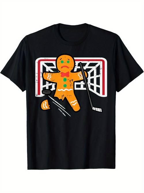 Men's Graphic T-Shirt Broken Gingerbread Cookie With Fallen Leg Under Hockey Net
