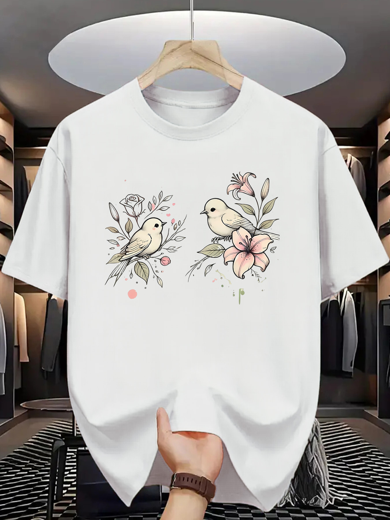 Men's Graphic T-Shirt Delicate Branches With Flowers And Birds Perched Gracefully On White T Shirt