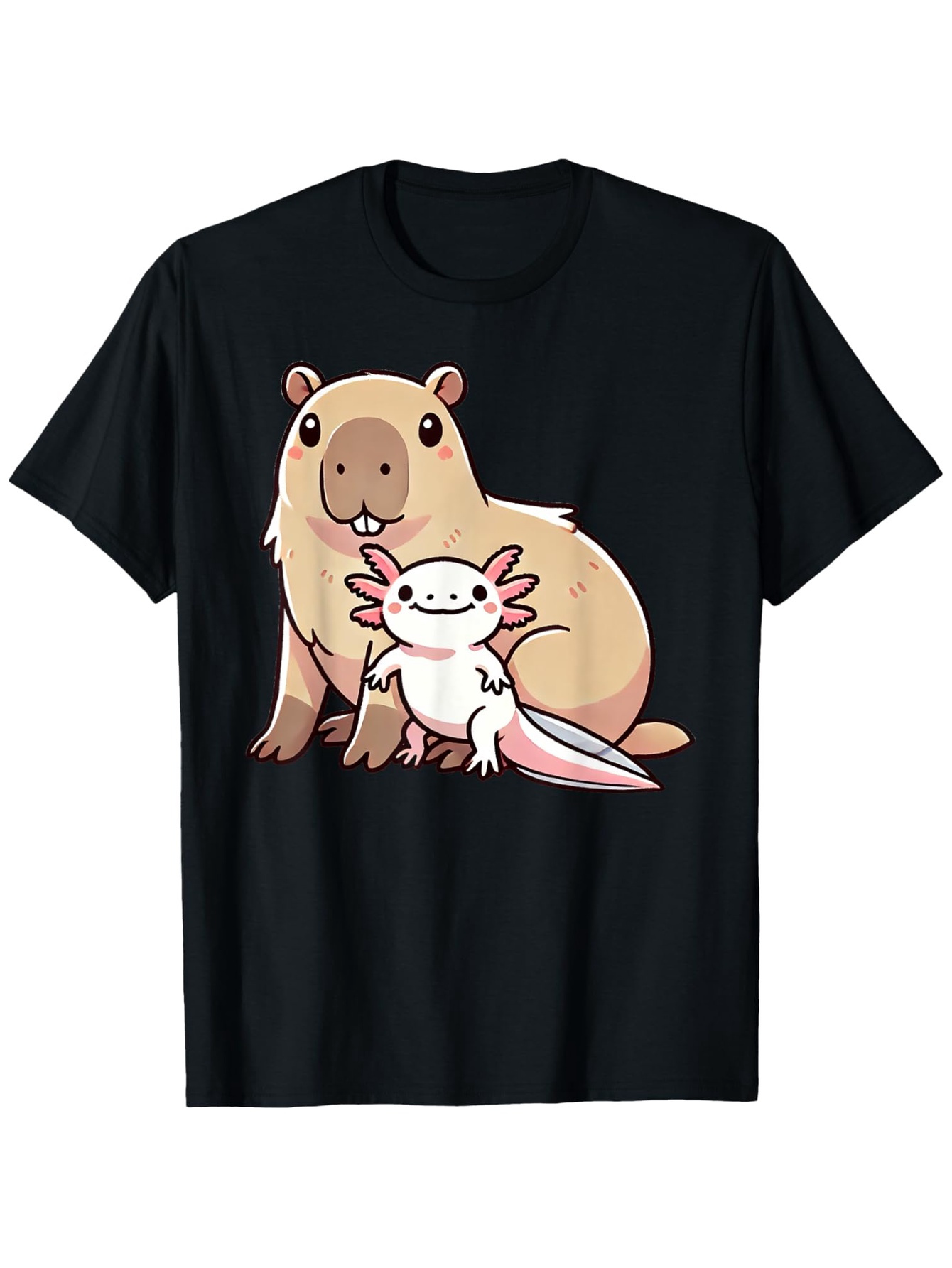 Men's Graphic T-Shirt Cute Cartoon Capybara Sitting Happily With Smiling Pink Axolotl