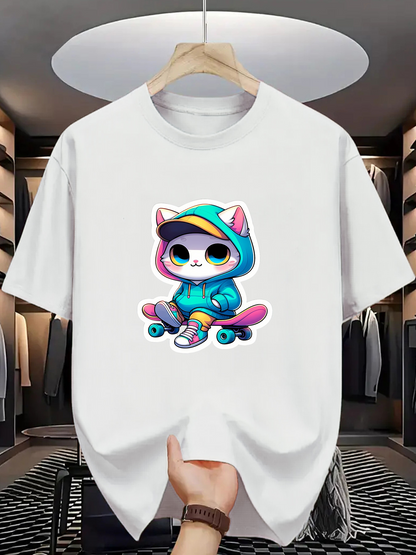Men's Graphic T-Shirt Adorable Cat Wearing Hoodie On Colorful Skateboard