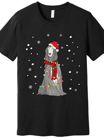 Men's Graphic T-Shirt Grey Dog Wrapped With Christmas Lights And Santa Hat In Falling Snow