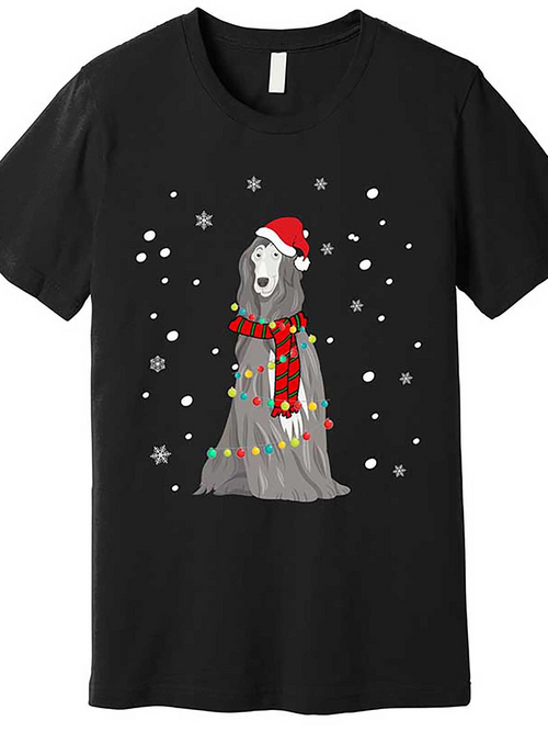 Men's Graphic T-Shirt Grey Dog Wrapped With Christmas Lights And Santa Hat In Falling Snow
