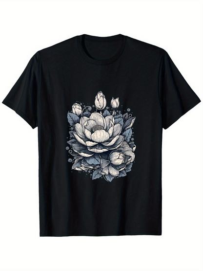 Men's Graphic T-Shirt Delicate Petals With Shaded Leaves And Fully Bloomed Elegant Flower