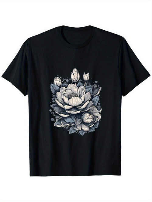 Men's Graphic T-Shirt Delicate Petals With Shaded Leaves And Fully Bloomed Elegant Flower