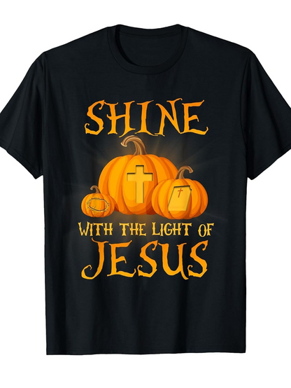 Men's Graphic T-Shirt Shine With The Light Of Jesus Glowing Pumpkins With Carved Cross Surrounded By Light