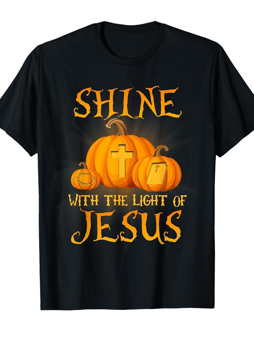Men's Graphic T-Shirt Shine With The Light Of Jesus Glowing Pumpkins With Carved Cross Surrounded By Light