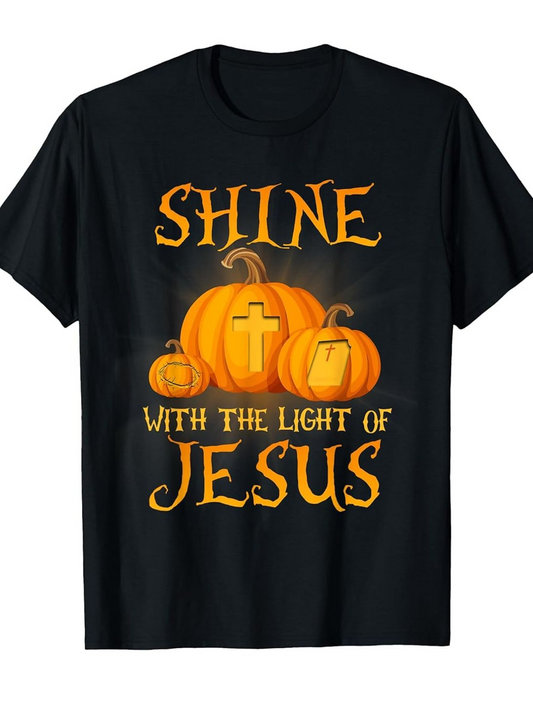 Men's Graphic T-Shirt Shine With The Light Of Jesus Glowing Pumpkins With Carved Cross Surrounded By Light