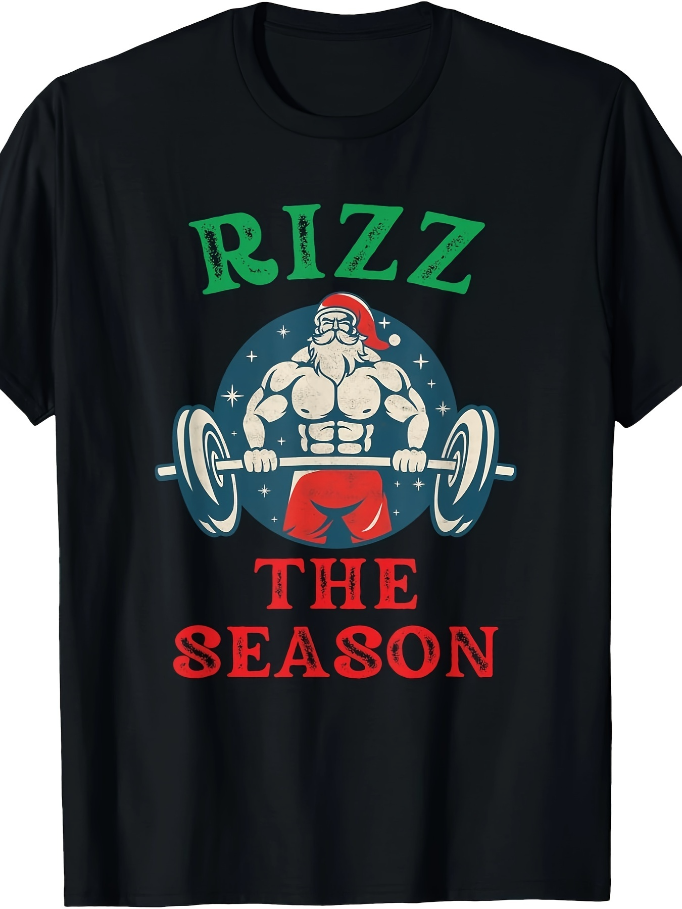 Men's Graphic T-Shirt Rizz The Season Strong Santa Lifting Barbells Under Starry Night