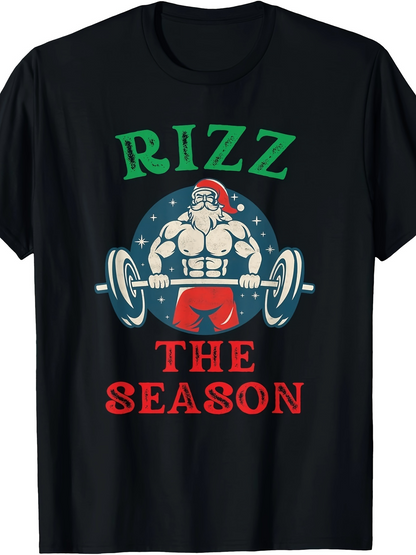 Men's Graphic T-Shirt Rizz The Season Strong Santa Lifting Barbells Under Starry Night