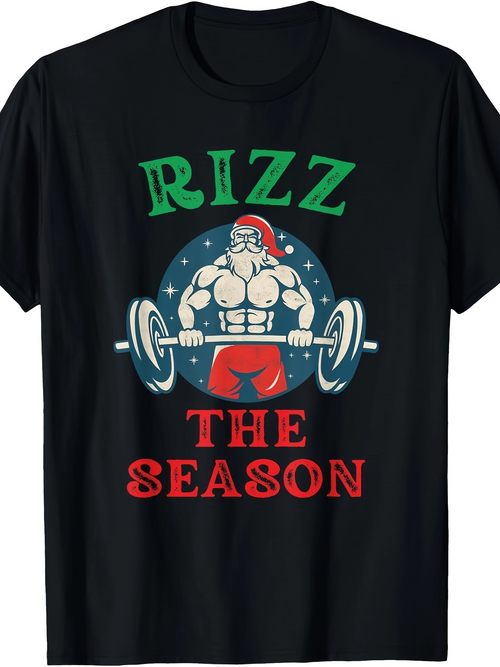 Men's Graphic T-Shirt Rizz The Season Strong Santa Lifting Barbells Under Starry Night