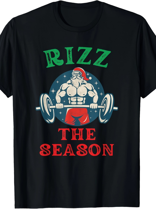 Men's Graphic T-Shirt Rizz The Season Strong Santa Lifting Barbells Under Starry Night