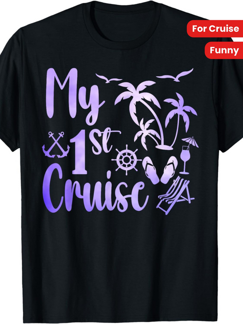 Men's Graphic T-Shirt My 1st Cruise Purple Palm Trees With Birds And Beach Vacation Icons