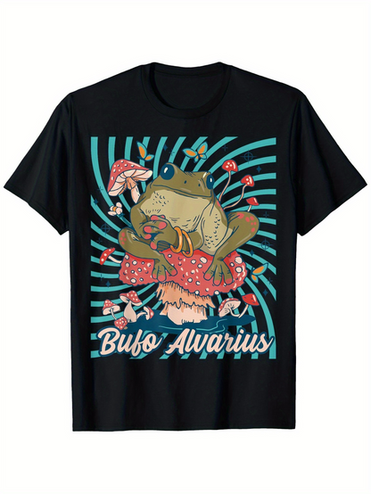 Men's Graphic T-Shirt Bufo Alvarius Surrounded By Psychedelic Red Mushrooms Under Green Radiant Lines Toad