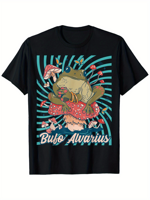 Men's Graphic T-Shirt Bufo Alvarius Surrounded By Psychedelic Red Mushrooms Under Green Radiant Lines Toad