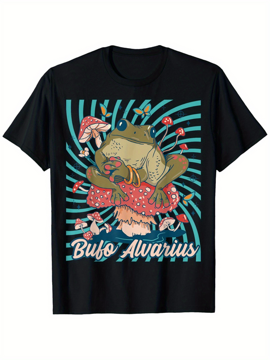 Men's Graphic T-Shirt Bufo Alvarius Surrounded By Psychedelic Red Mushrooms Under Green Radiant Lines Toad