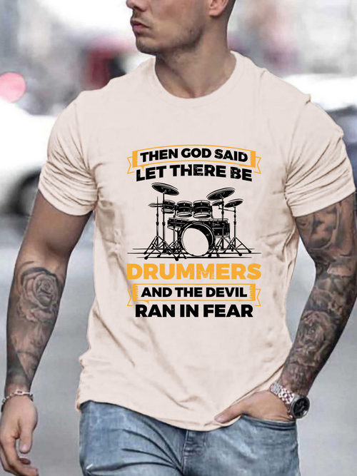 Men's Graphic T-Shirt Then God Said Let There Be Drummers With Bold Drum Kit Illustration