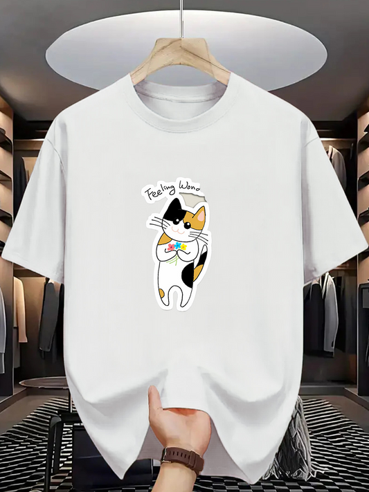 Men's Graphic T-Shirt Feeling Better With Watercolor Style Holding Cat