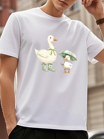 Men's Graphic T-Shirt Playful Ducks With Rain Gear In Cozy Urban Street Scene Duck